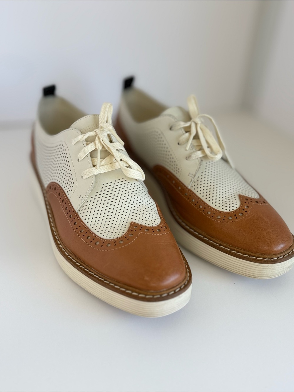 Cole Haan ØriginalGrand Women's Platform Wingtip Oxfords in Cream and Brown